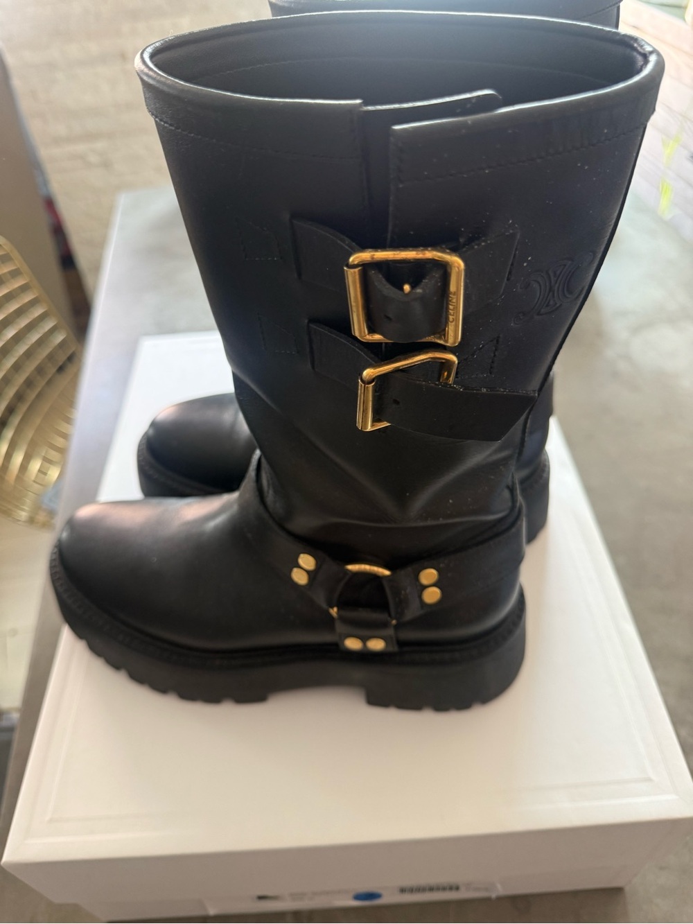 Celine Black Leather Mid-Calf Combat Boots with Gold Buckles